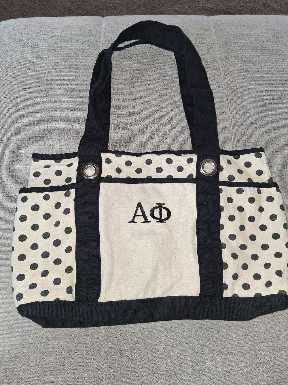 Black & Cream Polka Dot Canvas Tote with Monogram 16x9"